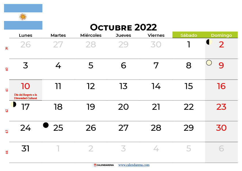 calendario octubre 2022 para imprimir argentina