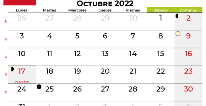 calendario octubre 2022 para imprimir colombia