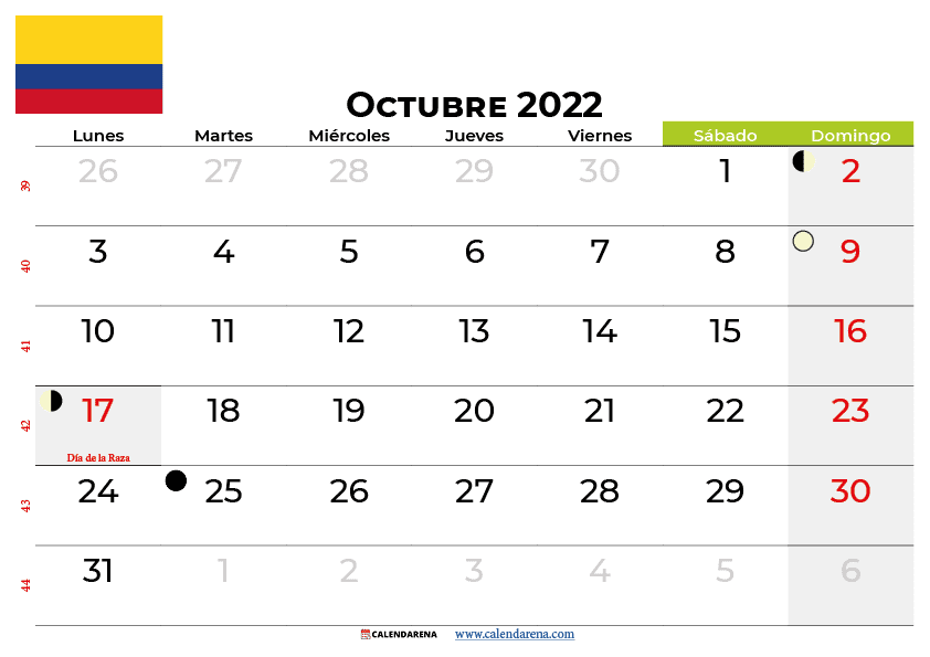 calendario octubre 2022 para imprimir colombia