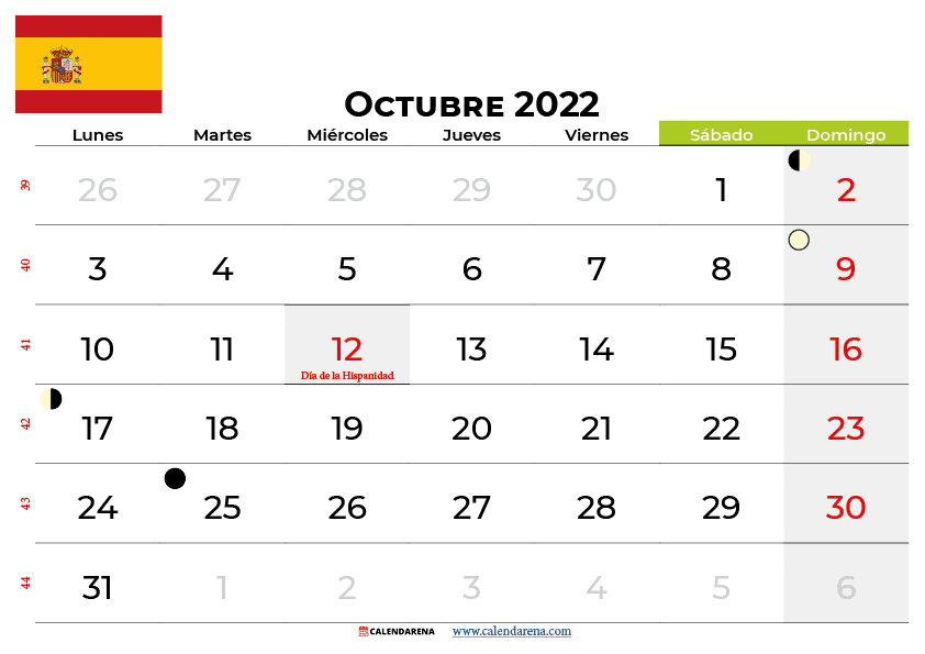 calendario octubre 2022 para imprimir espana