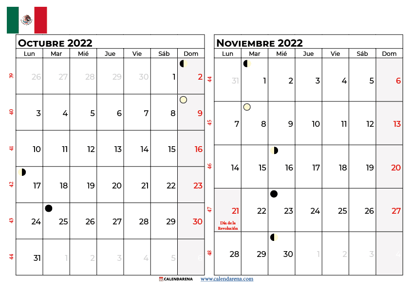 calendario octubre y noviembre2022 México