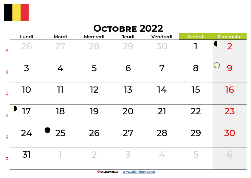 calendrier octobre 2022 belgique