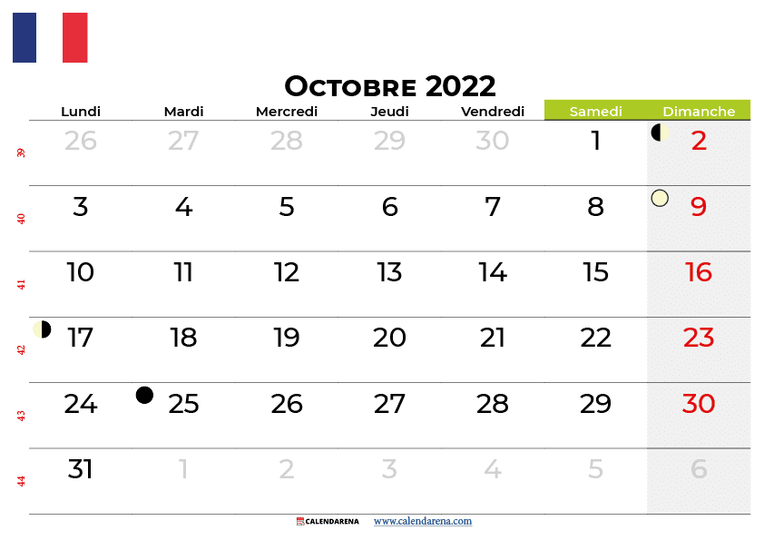 calendrier octobre 2022 france