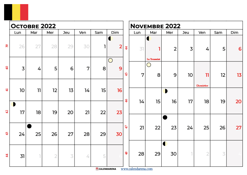 calendrier octobre novembre 2022 à imprimer belgique