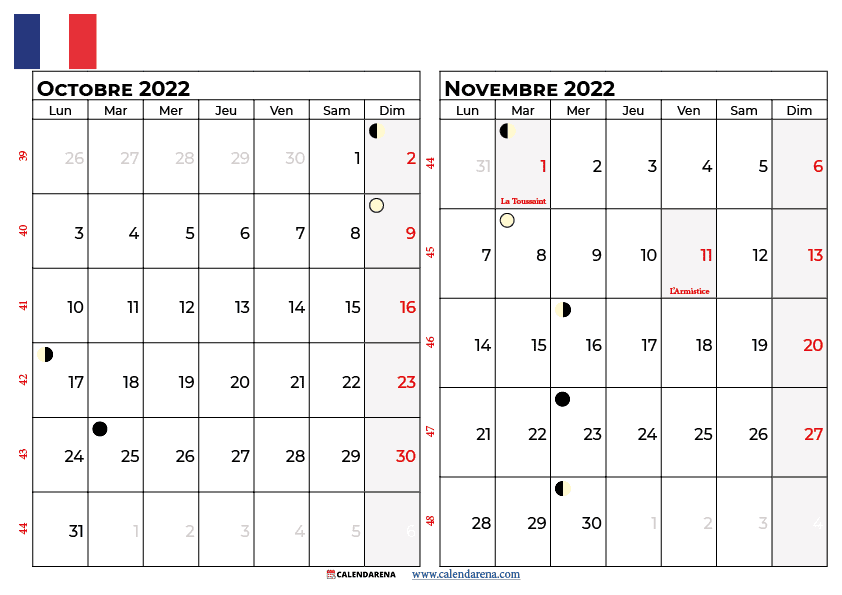 calendrier octobre novembre 2022 à imprimer france