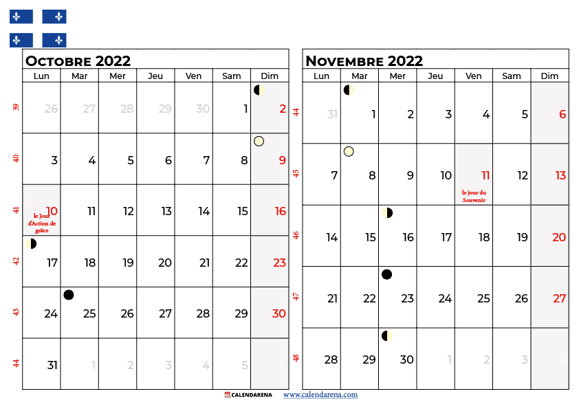 calendrier octobre novembre 2022 à imprimer québec canada