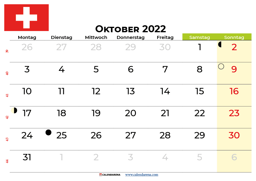 kalender oktober 2022 Schweiz