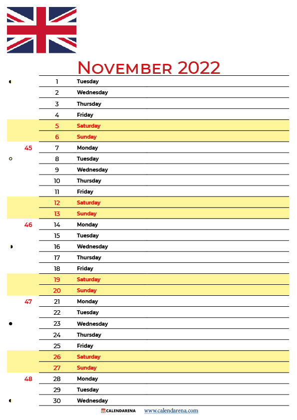 november 2022 calendar UK