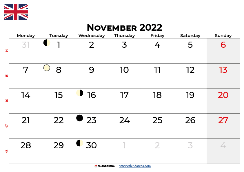 november calendar 2022 UK