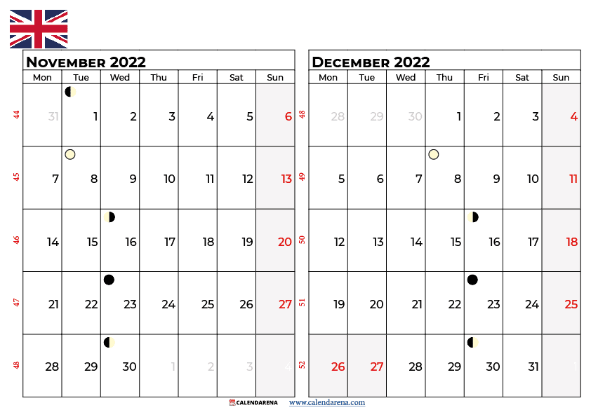 november december 2022 calendar UK