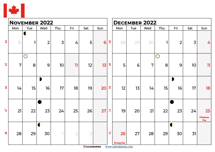 november december 2022 calendar canada