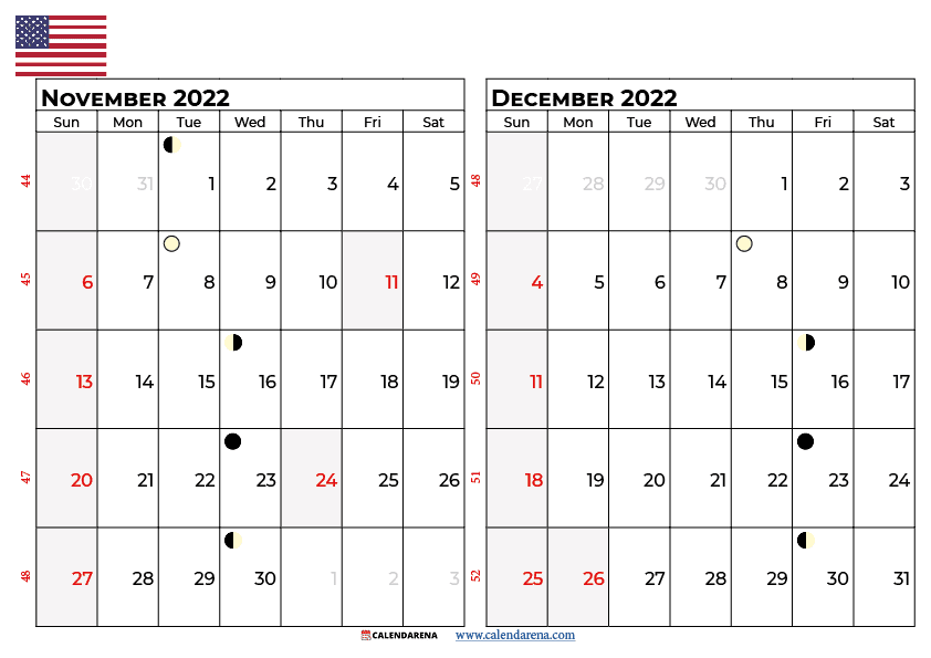 november december calendar 2022 USA
