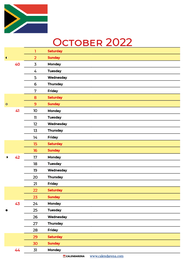 October Calendar 2022 Printable South Africa