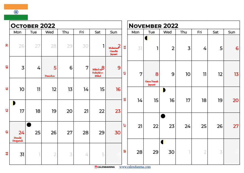 October November Calendar 2022 India