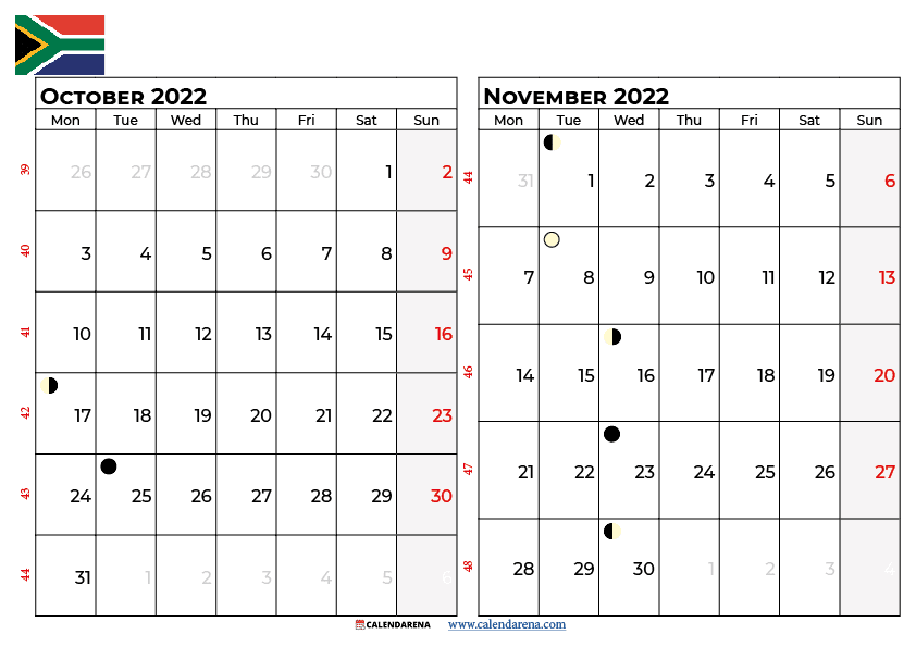 October November Calendar 2022 South Africa