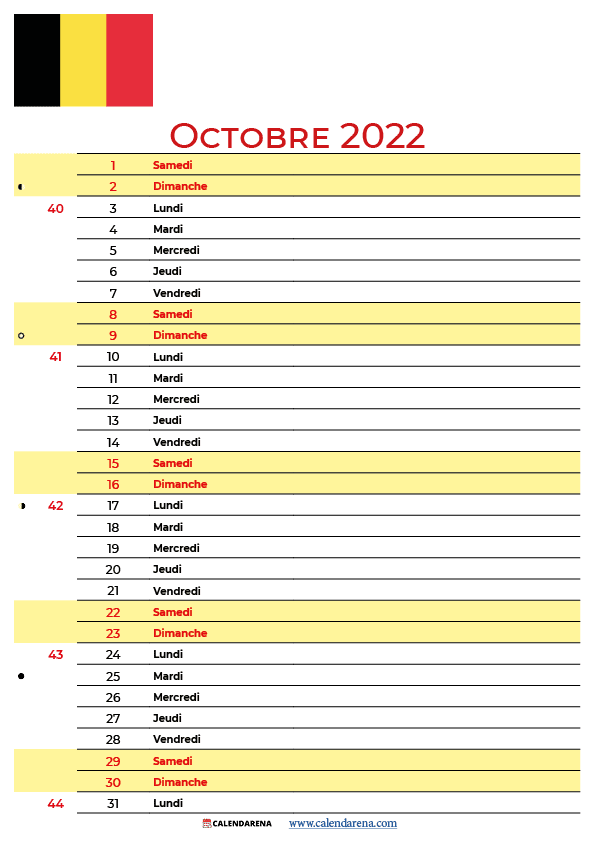 octobre 2022 calendrier belgique