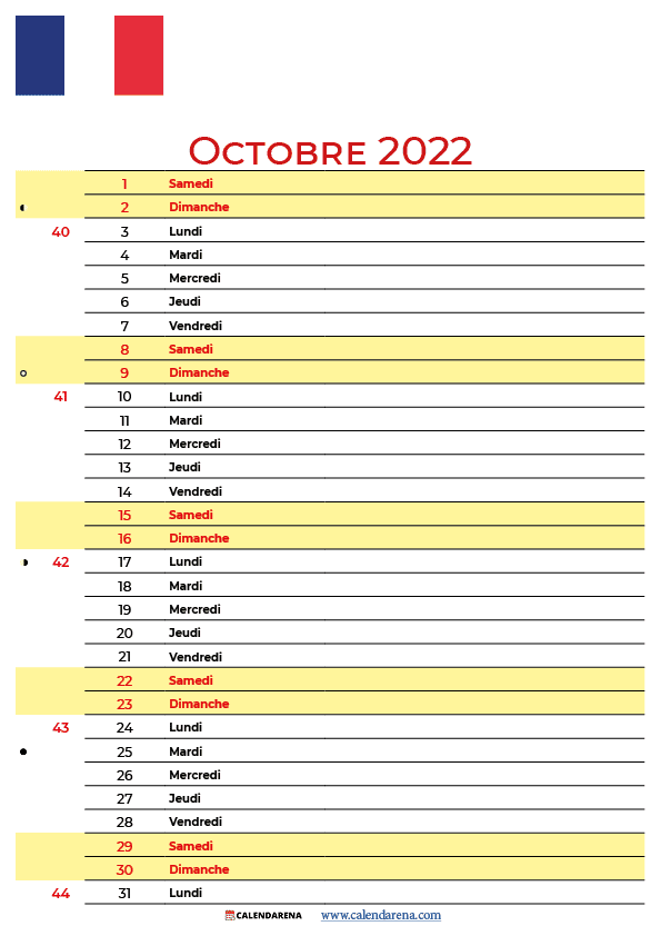 octobre 2022 calendrier france