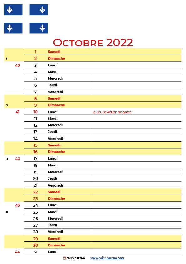 octobre 2022 calendrier québec canada