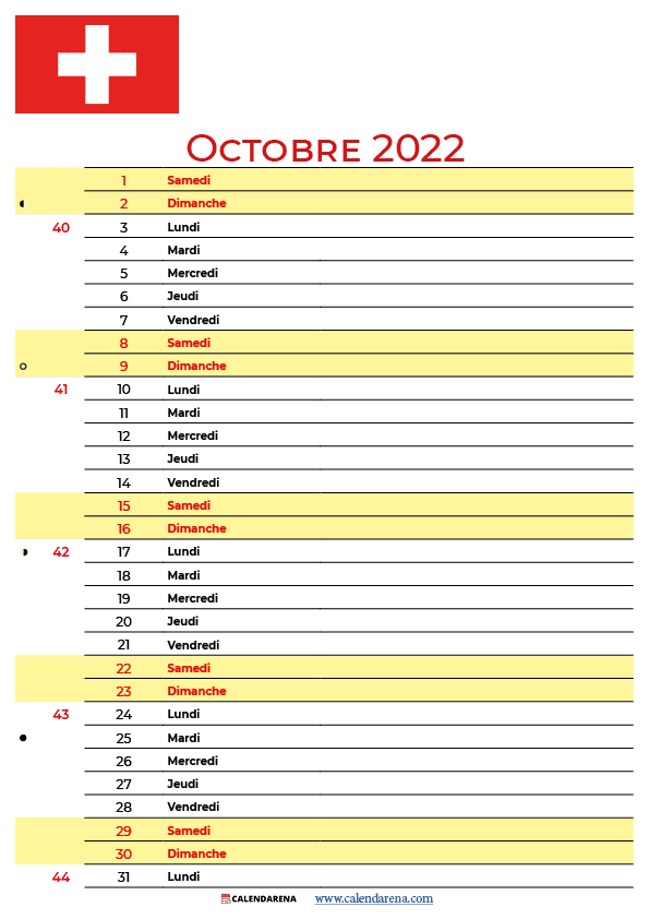 octobre 2022 calendrier suisse