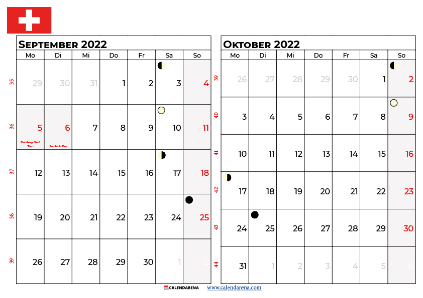 september oktober 2022 calendar Schweiz