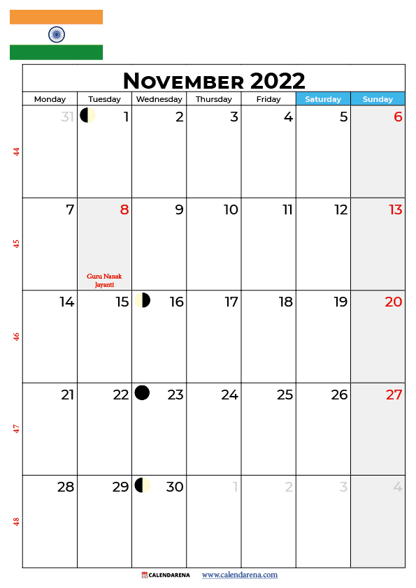calendar 2022 november india