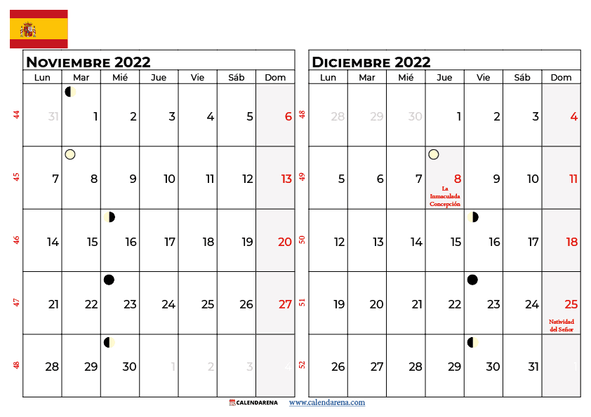 calendario noviembre y diciembre 2022 espana