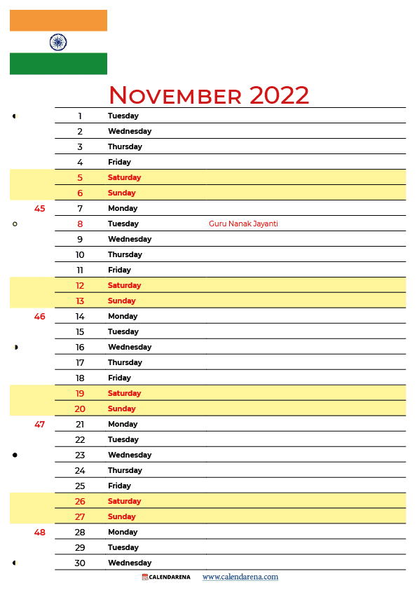 november 2022 calendar india