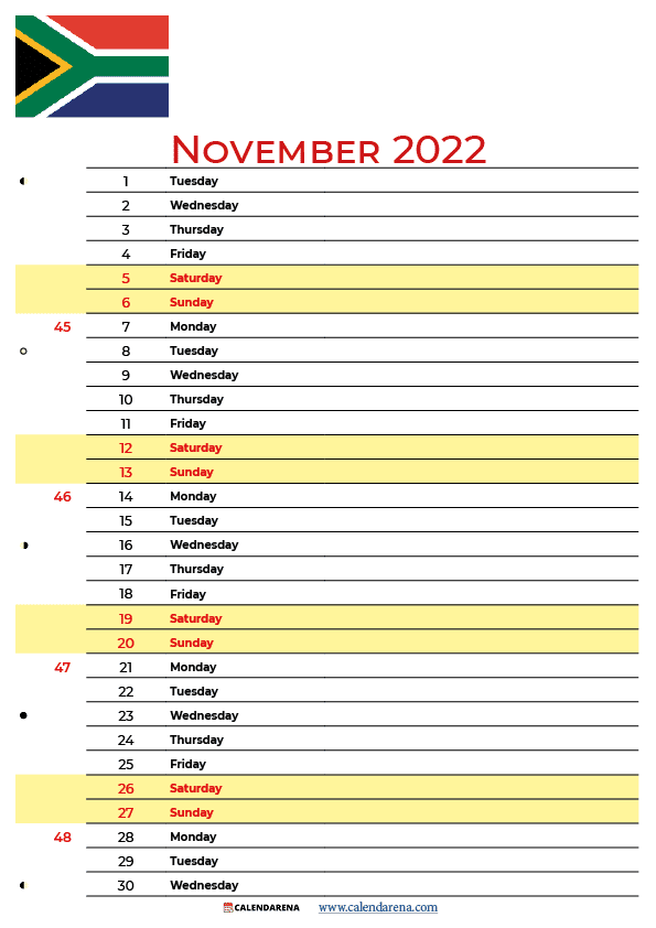 november 2022 calendar south africa