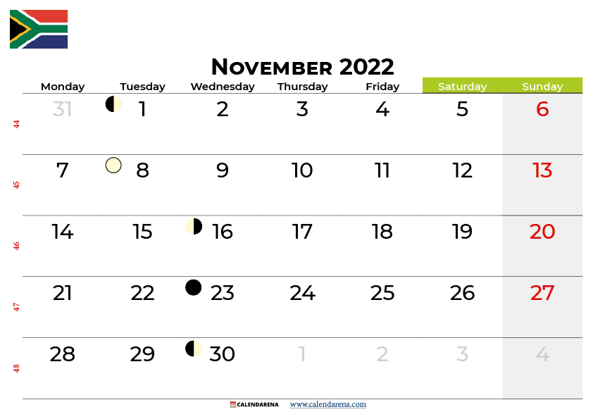 november calendar 2022 south africa