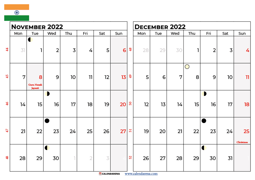 november december 2022 calendar india