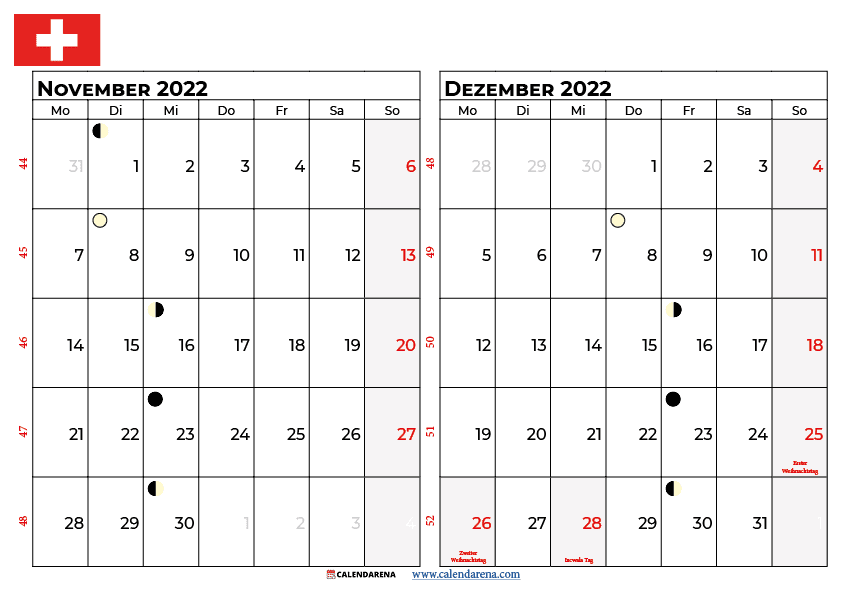 november dezember 2022 calendar Schweiz