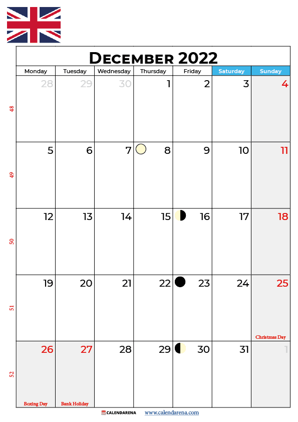 calendar 2022 december UK