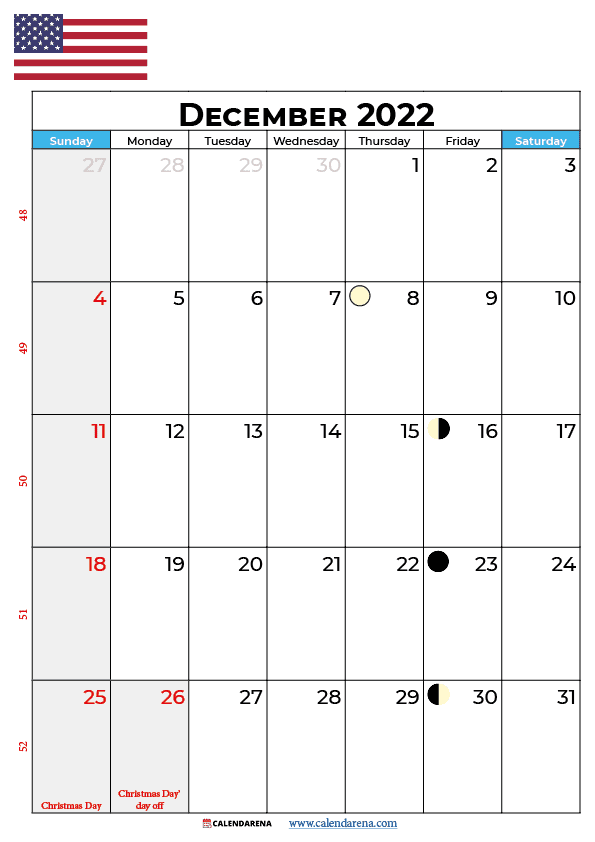 calendar 2022 december USA