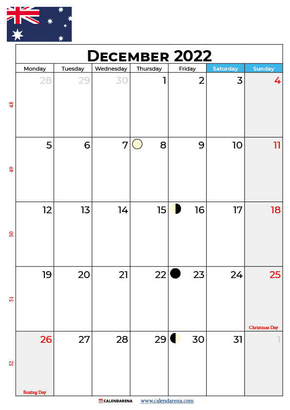 calendar 2022 december australia