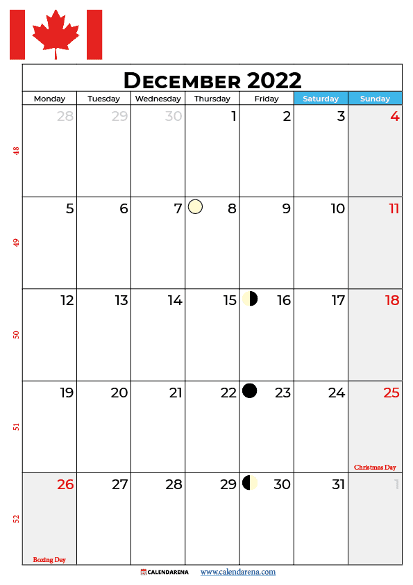 calendar 2022 december canada
