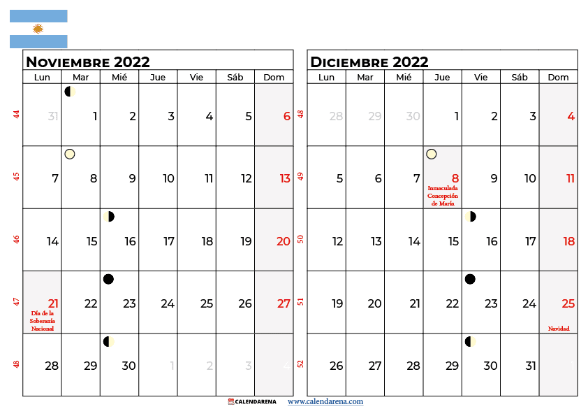 calendario noviembre y Diciembre 2022 argentina
