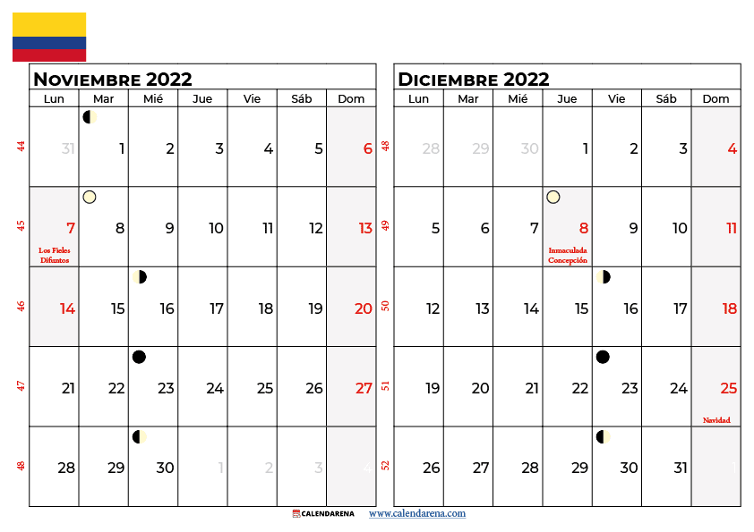 calendario noviembre y diciembre 2022 colombia