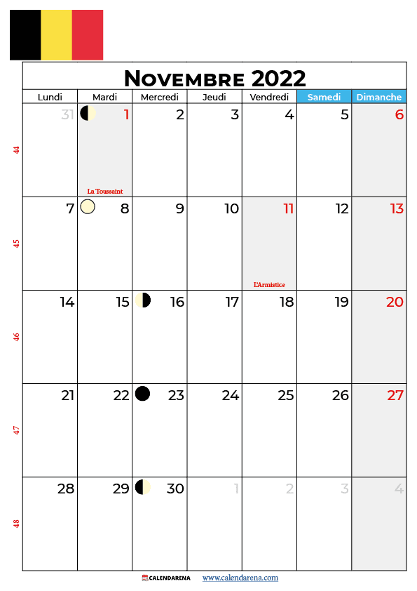 calendrier 2022 novembre belgique