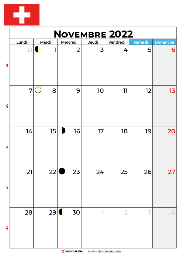 calendrier 2022 novembre suisse