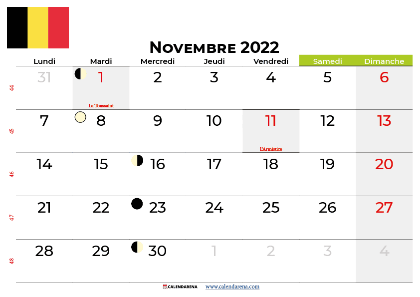 calendrier novembre 2022 belgique