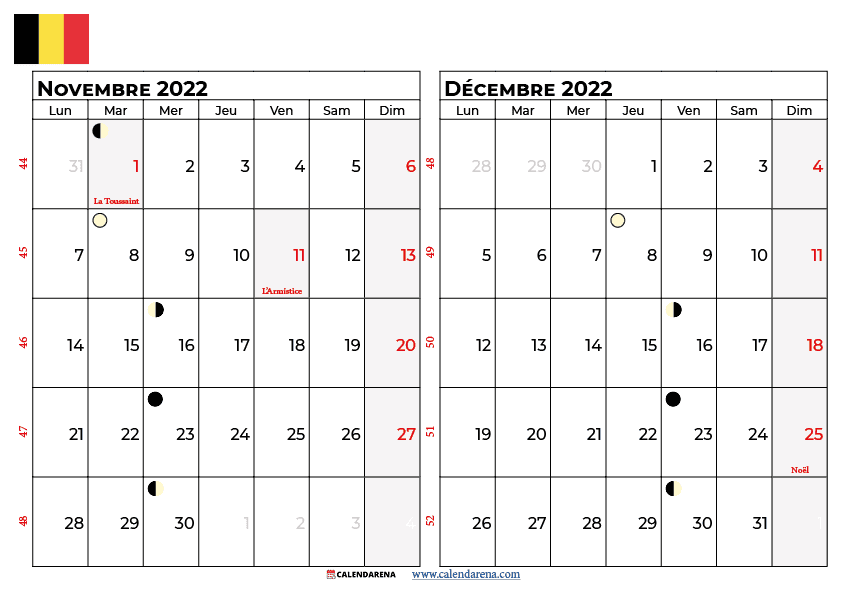 calendrier novembre décembre 2022 à imprimer belgique