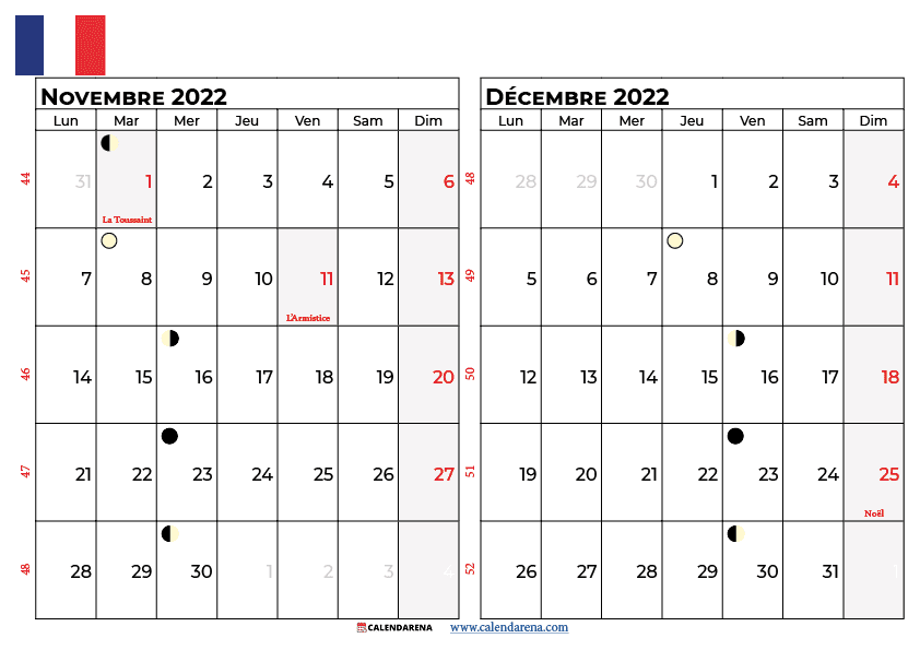 calendrier novembre décembre 2022 à imprimer france