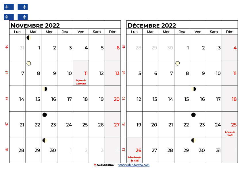 calendrier novembre décembre 2022 à imprimer québec canada