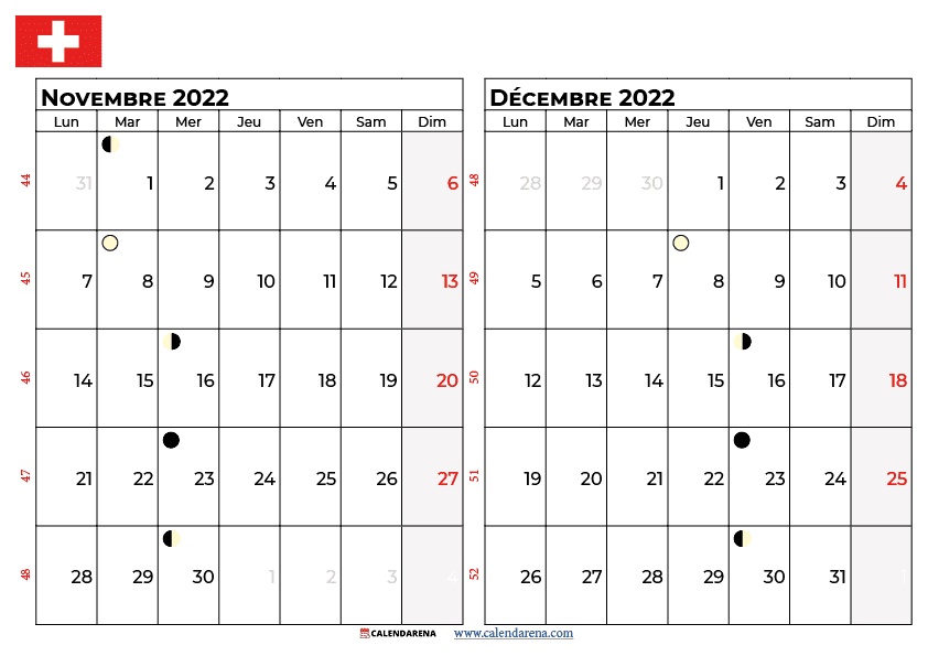 calendrier novembre décembre 2022 à imprimer suisse