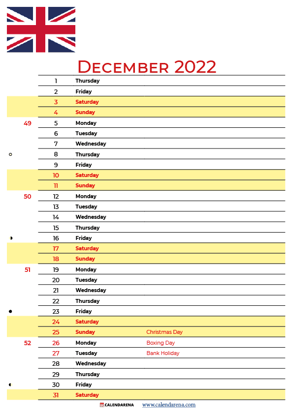 december 2022 calendar UK