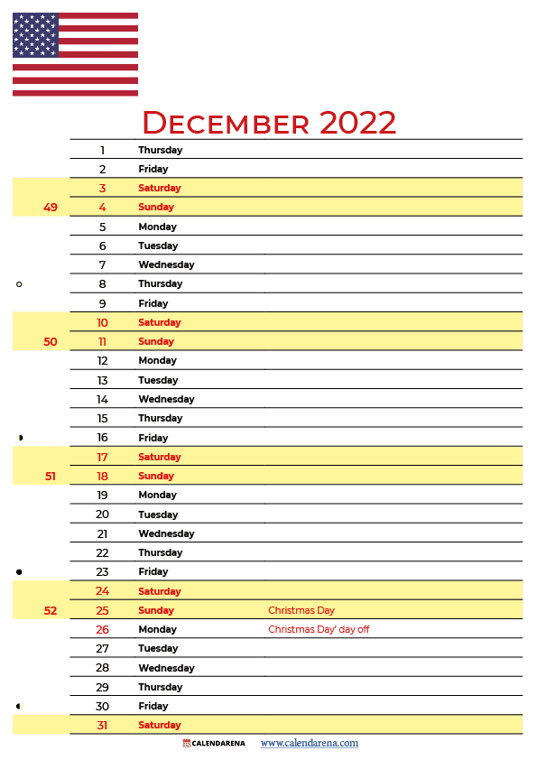 december 2022 calendar USA