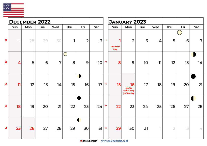 december 2022 january 2023 calendar USA
