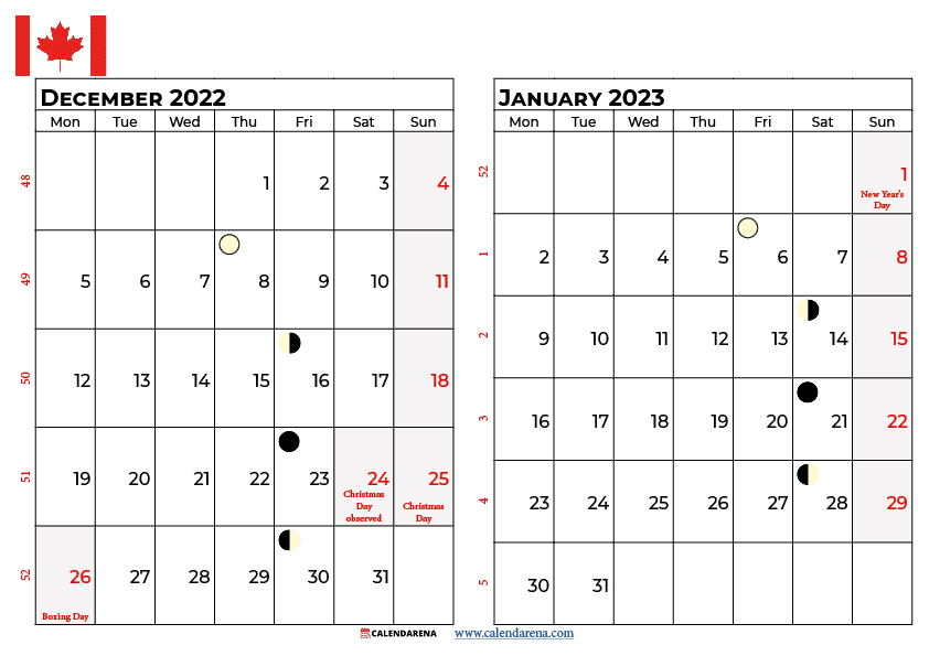 december 2022 january 2023 calendar canada