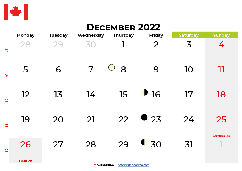 december calendar 2022 canada