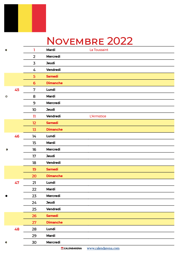 novembre 2022 calendrier belgique